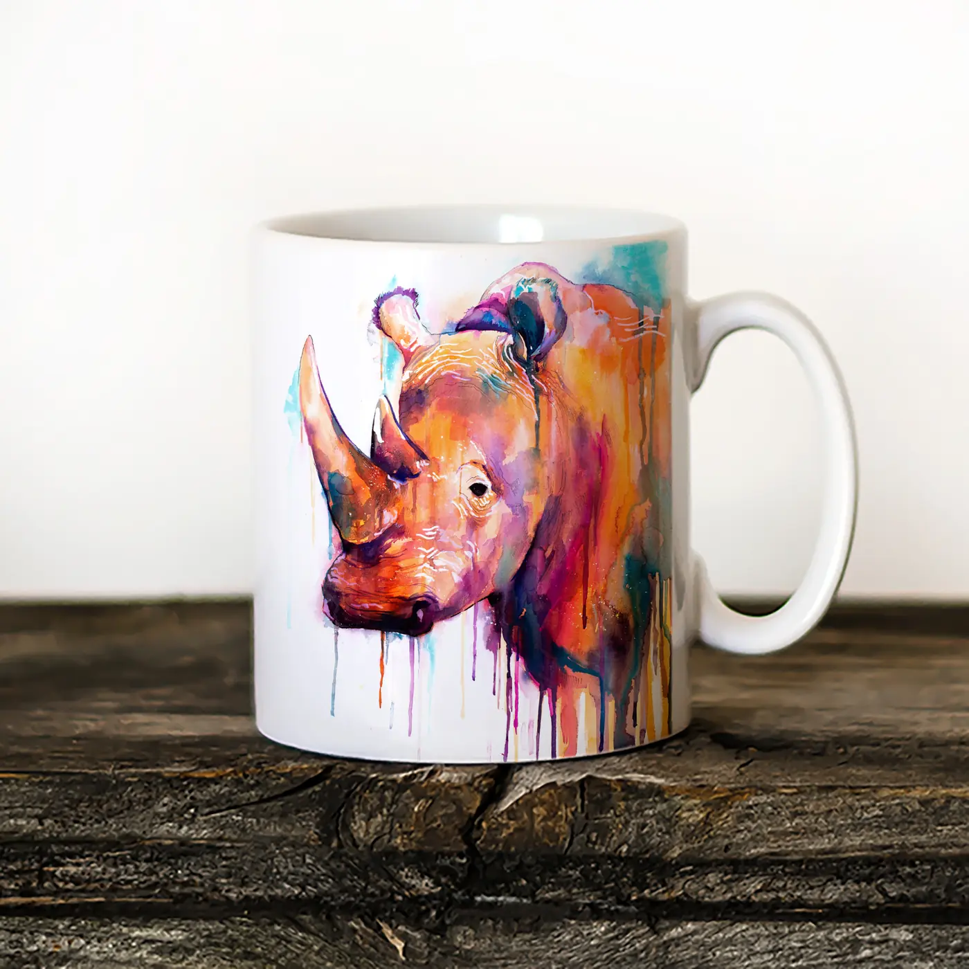 Ceramic mug with a watercolour rhinoceros print