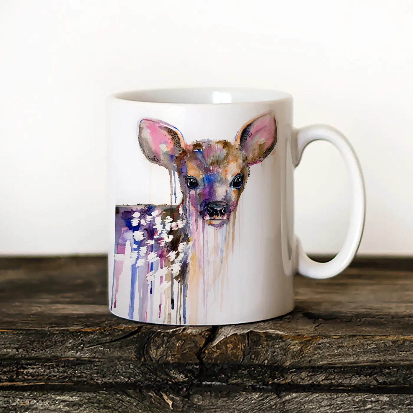 Ceramic mug with a watercolour roe deer with blossom print