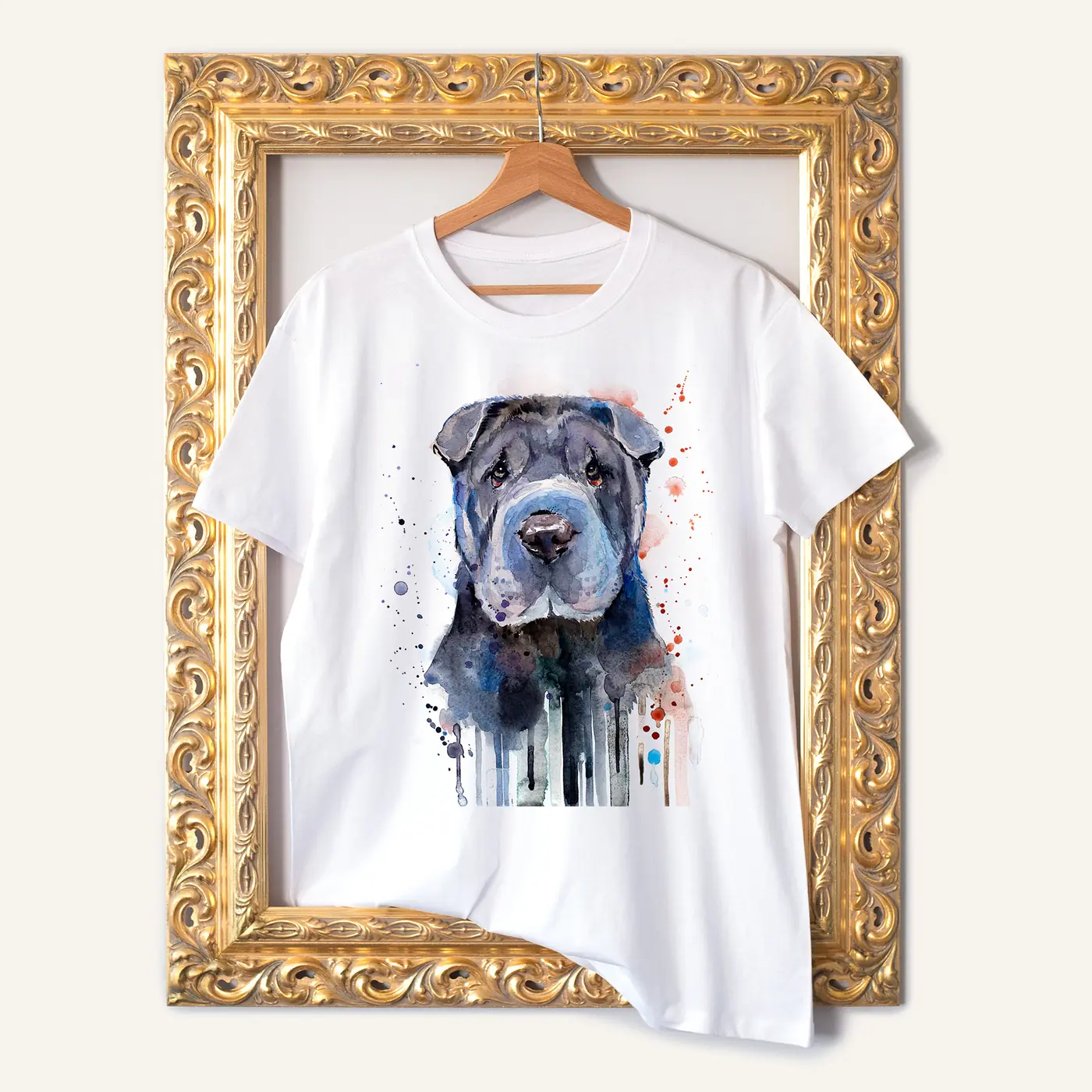 White t-shirt with a watercolour shar pei print