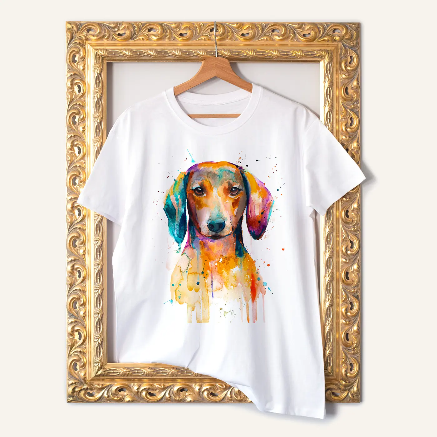 White t-shirt with a watercolour dachshund print