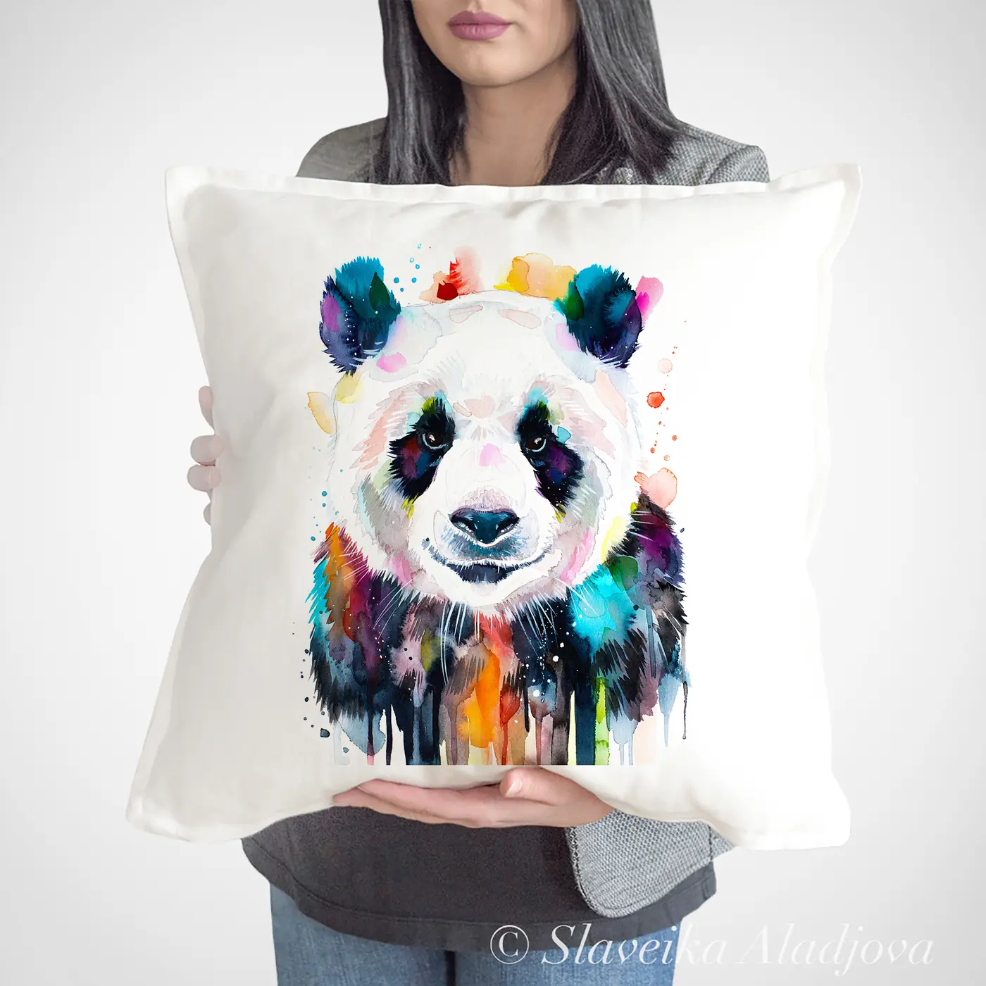 Cushion with a watercolour giant panda print