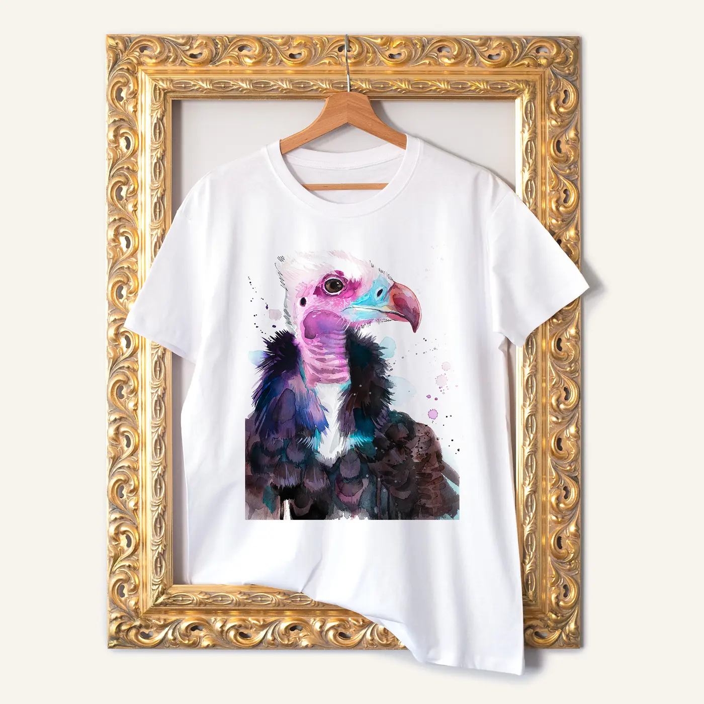 White t-shirt with a watercolour white-headed vulture print