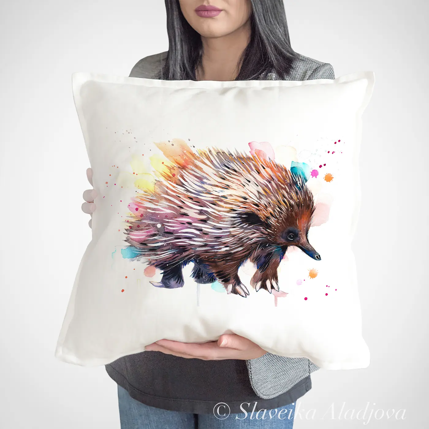 Cushion with a watercolour echidna print