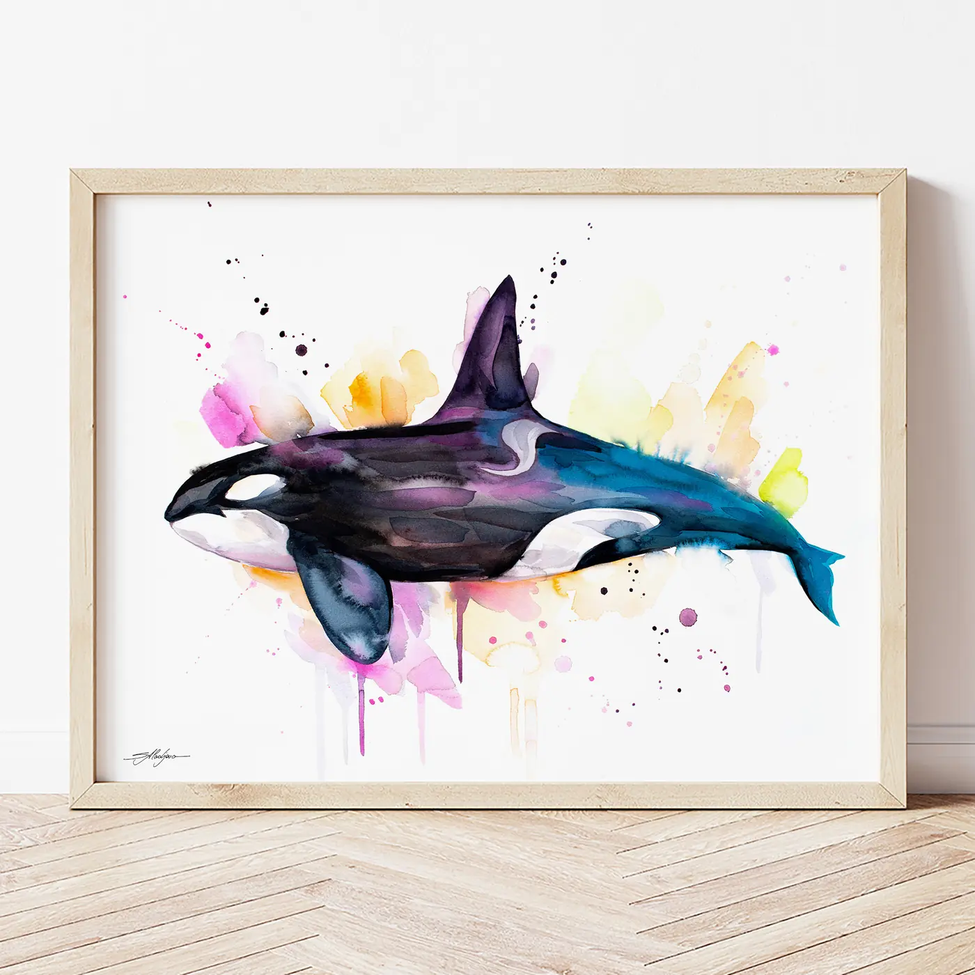 Art print with a watercolour orca breaching print