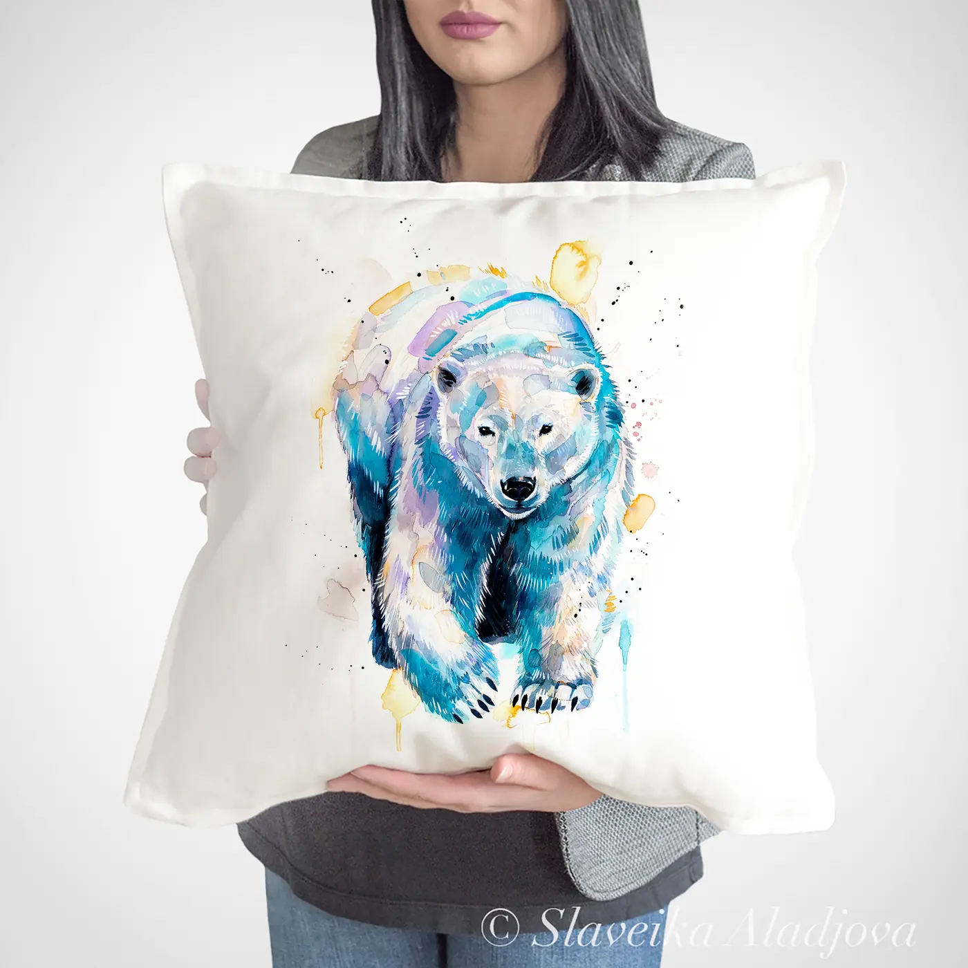 Cushion with a watercolour polar bear walking print