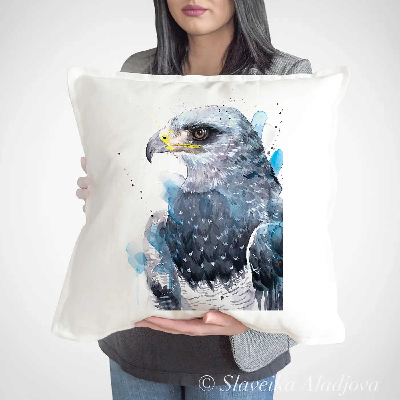 Cushion with a watercolour black-chested buzzard-eagle print
