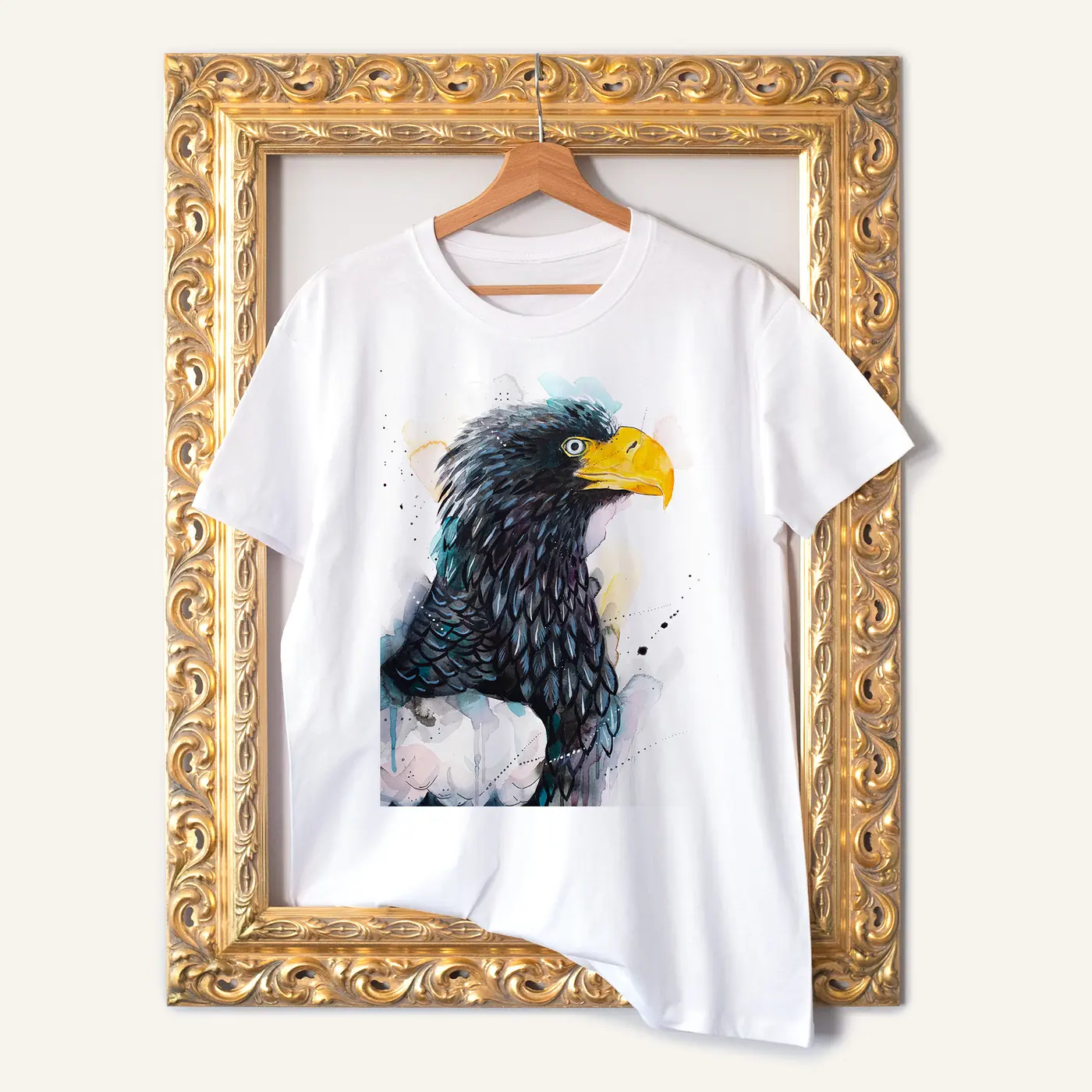 White t-shirt with a watercolour steller's sea eagle print