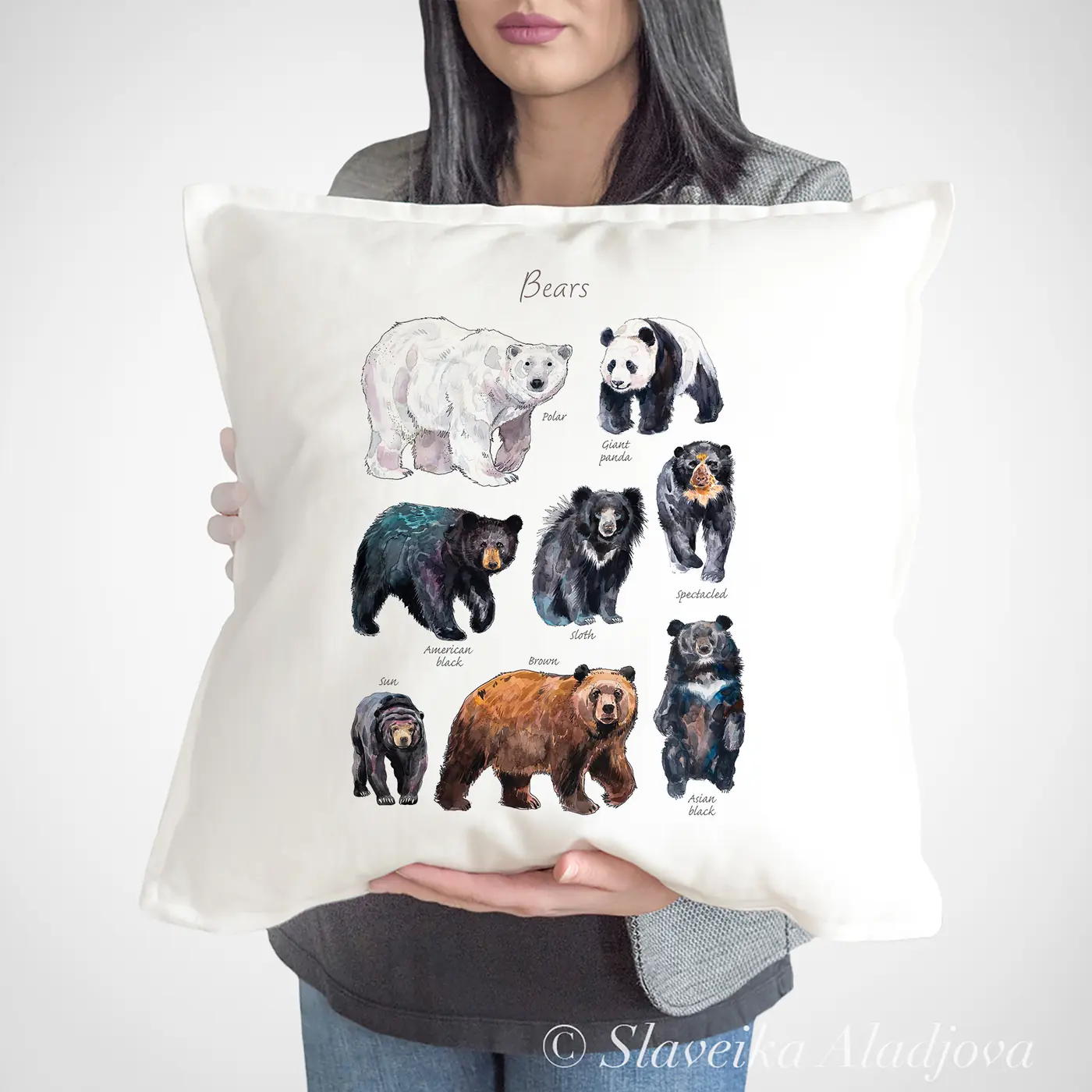Cushion with a watercolour bear species print